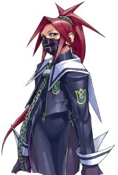  1girl absurdres arms_at_sides capelet chain cropped_legs edaki_shin'ya game_cg gloves highres himezaki_aoi lock long_hair looking_at_viewer mask mouth_mask non-web_source official_art padlock padlocked_collar ponytail project_justice red_hair rival_schools school_uniform side_slit side_zipper simple_background solo spandex standing white_background white_capelet 