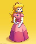 1990s_(style) 1girl artist_request blonde_hair blue_eyes brooch crown dress earrings expressionless full_body gloves jewelry lips long_dress long_hair pink_dress princess_peach retro_artstyle solo super_mario_64 super_mario_bros.