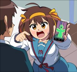  1boy 1girl blue_jacket blue_sailor_collar blue_skirt blush breasts brown_eyes brown_hair cellphone commentary_request hair_ribbon hairband holding holding_phone jacket kita_high_school_uniform kyon long_sleeves looking_at_another maestro_celeste medium_breasts medium_hair open_mouth phone pointing ribbon sailor_collar school_uniform shirt skirt small_sweatdrop smartphone spanish_commentary suzumiya_haruhi suzumiya_haruhi_no_yuuutsu the_simpsons v-shaped_eyebrows white_shirt winter_uniform yellow_hairband yellow_ribbon 