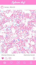  alternate_color blue_eyes bright_pupils character_name check_copyright copyright_request dated ekm fangs heart highres instagram no_humans one_eye_closed open_mouth pink_eyes pink_theme pokemon pokemon_(creature) shiny_pokemon smile social_media_composition sparkle sylveon too_many white_pupils 