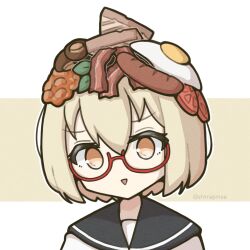  1girl :d bacon beans black_sailor_collar blonde_hair bread bread_slice breakfast food food_on_head fried_egg glasses head_only highres looking_at_viewer mushroom object_on_head orange_eyes red-framed_eyewear sailor_collar sausage school_uniform shimeji_simulation shimejimee shirt short_hair smile toast tomato tomato_slice twitter_username two-tone_background white_shirt yamashita_majime 