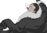  1boy black_hair cigar coat crocodile_(one_piece) fur_trim hair_slicked_back highres looking_at_viewer looking_back male_focus one_piece scar scar_on_face smoking solo ufkqz white_background 