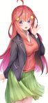  1girl absurdres ahoge bangs black_jacket blazer blue_eyes blush breasts collared_shirt cowboy_shot eyebrows_visible_through_hair go-toubun_no_hanayome green_skirt hair_between_eyes hair_ornament highres jacket large_breasts long_hair looking_at_viewer nakano_itsuki open_clothes open_jacket open_mouth pleated_skirt red_sweater redhead school_uniform shirt simple_background skirt solo star_(symbol) star_hair_ornament sweater waving white_background white_shirt yuunamida_uyu 