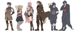  1girl 5boys absurdres adventurer_(ff11) adventurer_(ff14) armor black_armor black_hair blonde_hair boots brown_hair brown_jacket cape clive_rosfield final_fantasy final_fantasy_xi final_fantasy_xii final_fantasy_xiii final_fantasy_xiv final_fantasy_xv final_fantasy_xvi garbage_paper highres in-franchise_crossover jacket lightning_farron multiple_boys noctis_lucis_caelum pink_hair simple_background standing vaan_(ff12) vest warrior_of_light_(ff14) 