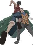  2boys black_hair clenched_hands clenched_teeth coat coat_on_shoulders crocodile_(one_piece) fighting hair_slicked_back highres male_focus monkey_d._luffy multiple_boys one_piece shorts sleeveless teeth ufkqz vest white_background 