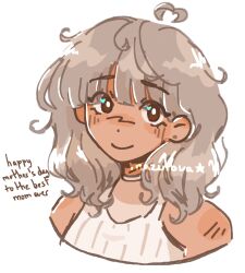  1girl artist_request assertive_female bare_arms blush breasts brown_eyes brown_hair dark-skinned_female dark_skin dress english_text highres mature_female medium_breasts omori smile 