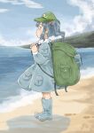  1girl backpack bag blue_eyes blue_footwear blue_hair blue_sky boots chii-kun_(seedyoulater) clouds cloudy_sky day from_side full_body green_headwear hair_bobbles hair_ornament hat highres horizon kawashiro_nitori long_sleeves outdoors pocket profile rubber_boots short_hair signature skirt skirt_set sky solo touhou two_side_up water 