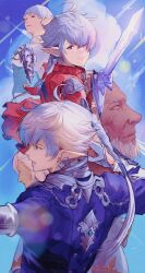  absurdres alisaie_leveilleur alphinaud_leveilleur ameliance_leveilleur blue_eyes blue_jacket blue_sky braid braided_ponytail elezen elf final_fantasy final_fantasy_xiv fourchenault_leveilleur highres holding holding_sword holding_weapon hutaba_0718 jacket looking_at_viewer looking_back looking_to_the_side louisoix_leveilleur multiple_boys multiple_girls pointy_ears rapier red_jacket siblings sky sword twins weapon white_hair 