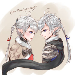  1boy 1girl alisaie_leveilleur alphinaud_leveilleur anniversary black_scarf blue_eyes braid brother_and_sister closed_mouth commentary_request cropped_torso ear_piercing final_fantasy final_fantasy_xiv from_side grey_background grey_hair hair_between_eyes highres long_hair parted_lips piercing pointy_ears profile rino_cnc scarf siblings smile twins two-tone_background upper_body very_long_hair white_background 