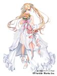  1girl back_bow blonde_hair blue_eyes bow breasts bridal_veil character_request commentary_request copyright_request dress earrings flower frills full_body gakuon_(gakuto) hair_bow high_heels highres holding holding_flower jewelry long_dress long_hair official_art pink_flower pink_rose purple_flower rose small_breasts solo strapless strapless_dress twintails veil waist_bow wedding_dress white_bow white_dress white_flower white_footwear yellow_flower 