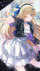  1girl black_hairband black_jacket blue_ribbon breasts collarbone commentary dress fishnet_pantyhose fishnets hair_ornament hair_ribbon hairband highres jacket kuramoto_beta-carotene looking_at_viewer official_alternate_costume one_eye_closed outstretched_arm pantyhose parted_lips phoebe_(wuthering_waves) ribbon small_breasts smile solo tacet_mark_(wuthering_waves) violet_eyes w white_dress wuthering_waves x_hair_ornament 
