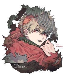  1boy absurdres bakugou_katsuki blonde_hair boku_no_hero_academia cloak hair_between_eyes highres korean_text looking_at_viewer male_focus misa_(jjin_miryeon) parted_lips red_eyes short_hair simple_background solo torn_cloak torn_clothes twitter_username white_background 