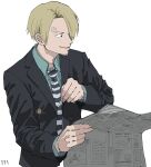  1boy blonde_hair cigarette formal hair_over_one_eye highres holding holding_cigarette holding_newspaper long_sleeves male_focus necktie newspaper one_piece sanji smile solo suit ufkqz white_background 