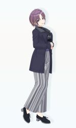  asakura_toru black_coat black_shoes black_sweater coat fur_trim highres idolmaster idolmaster_shiny_colors multicolored_hair official_art open_mouth panties shoes solo standing striped_clothes striped_panties sweater underwear white_background 