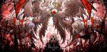  3others 666 angel_wings crown_of_thorns employee_(lobotomy_corporation) fetus formal glyph halo high_heels highres holding holding_scythe kan_(aaaaari35) kneeling lobotomy_corporation long_nose looking_down monster multiple_others necktie non-web_source plague_doctor_mask project_moon red_eyes scythe smile suit whitenight_(lobotomy_corporation) wings 