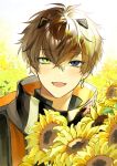  1boy alban_knox bangs black_jacket blue_eyes bouquet brown_hair eyebrows_visible_through_hair flower green_eyes heterochromia highres jacket jeokgwang looking_at_viewer male_focus nijisanji nijisanji_en portrait smile solo sunflower virtual_youtuber yellow_flower 