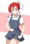  1girl :o bangs barkhorn0331 blue_eyes clenched_hands collared_shirt commentary cowboy_shot dress grey_dress hair_bun highres long_hair looking_at_viewer love_live! love_live!_superstar!! o-ring parted_lips partially_unbuttoned pinafore_dress red_background redhead school_uniform shirt short_dress short_hair_with_long_locks short_sleeves single_side_bun solo summer_uniform two-tone_background white_shirt yoneme_mei yuigaoka_school_uniform 