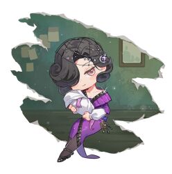  1girl black_hair black_pantyhose black_shoes blanket chibi dress fishnet_veil full_body green_background hair_over_one_eye holding holding_blanket key long_dress one_eye_covered pantyhose picture_frame purple_dress reverse:1999 sanzio76 shoes short_hair sitting smile solo swaddled tuesday_(reverse:1999) violet_eyes 