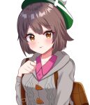  1girl api_peko backpack bag bangs blush bob_cut brown_bag brown_eyes brown_hair buttons cable_knit cardigan collared_dress commentary_request dress eyebrows_visible_through_hair gloria_(pokemon) green_headwear grey_cardigan hand_up hat highres hooded_cardigan looking_at_viewer pink_dress pokemon pokemon_(game) pokemon_swsh short_hair smile solo tam_o&#039;_shanter tongue tongue_out upper_body 