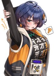  1girl ? absurdres arms_up belle_(zenless_zone_zero) black_nails black_shirt blue_hair blush breasts crossed_bangs earrings green_eyes green_tea_(matchaistasty) grey_skirt hair_ornament highres jewelry large_breasts letter_hair_ornament looking_at_viewer necklace one_eye_closed shirt simple_background skirt sleeveless sleeveless_jacket solo spoken_question_mark stretching upper_body white_background zenless_zone_zero 