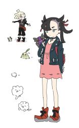  1boy 1girl backpack bag black_choker black_hair black_jacket boots borrowed_clothes chikorita choker closed_mouth dress earrings eneko_(olavcnkrpucl16a) eyelashes footwear_switch gladion_(pokemon) green_eyes hair_ribbon hand_up jacket jewelry long_sleeves marnie_(pokemon) morpeko morpeko_(full) morpeko_(hangry) open_clothes open_jacket partially_colored pink_dress pokemon pokemon_(creature) pokemon_sm pokemon_swsh red_bag red_boots red_ribbon ribbon sleeves_past_wrists standing swirlix white_background 
