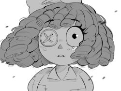  1girl button_eyes buttons commentary english_commentary greyscale highres monochrome nahoney_69 parted_lips ragatha_(the_amazing_digital_circus) short_hair solo tearing_up the_amazing_digital_circus triangle_nose 