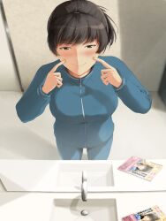  1girl amagami aroza_(xxpp3743) bathroom black_eyes black_hair blue_jacket blue_pants blue_track_suit blush closed_mouth commentary_request fingers_to_cheeks fingersmile gym_uniform highres indoors jacket long_sleeves looking_at_mirror looking_at_reflection looking_at_viewer mirror pants short_hair sink smile solo standing sweat track_suit tsukahara_hibiki 