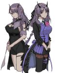  2girls arknights bangs black_dress black_gloves black_legwear black_necktie bracelet braid closed_mouth commentary_request dress eyebrows_visible_through_hair flower gloves hibiscus highres horns inu_to_milk jewelry lava_(arknights) lava_the_purgatory_(arknights) long_hair long_sleeves multiple_braids multiple_girls necktie pantyhose pointy_ears purple_hair siblings sisters thigh-highs thigh_strap twins twitter_username violet_eyes white_background 