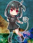  1girl bangs belt black_belt black_dress black_footwear black_hair blue_hair blue_legwear blush chibi closed_mouth commentary_request demon_girl demon_horns demon_tail dress eye_hair_ornament eye_of_providence eyebrows_visible_through_hair fang flat_chest full_body grey_horns highres horns lace-trimmed_dress lace_trim looking_at_viewer medium_hair multicolored_hair official_alternate_costume one_side_up outline pointy_ears red_eyes shishio_chris shoes short_sleeves single_thighhigh smile sneakers solo sugar_lyric tail thigh-highs two-tone_hair usaba_(usabara_c) virtual_youtuber white_outline 
