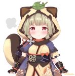  1girl animal_ears armguards bangs black_scarf blunt_bangs blush commentary_request eyebrows_visible_through_hair fake_animal_ears fake_tail genshin_impact grey_hair japanese_clothes leaf leaf_on_head looking_at_viewer ninja obi pout raccoon_ears raccoon_hood raccoon_tail sash sayu_(genshin_impact) scarf short_hair short_sleeves shuriken sidelocks simple_background sketch solo tail tutsucha_illust violet_eyes weapon white_background 
