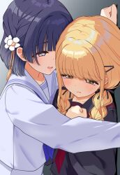  2girls assertive_female black_ribbon black_sailor_collar black_shirt blonde_hair blue_hair blue_neckerchief blush braid braided_twintails closed_mouth comiket_106 commentary_request flower fujita_kotone gakuen_idolmaster grey_eyes hair_flower hair_ornament hair_ribbon hairclip hand_up hataya_misuzu highres idolmaster jpeg_artifacts kabedon light_frown living_habits long_hair long_sleeves looking_at_another low_twintails mole mole_under_mouth multiple_girls neckerchief open_mouth red_neckerchief ribbon sailor_collar sailor_shirt school_uniform shirt short_hair smile tassel tassel_hair_ornament twintails white_flower white_sailor_collar white_shirt yellow_eyes yuri 