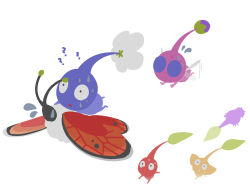  ? ?? afterimage black_eyes blue_pikmin blue_skin bud bug butterfly chasing colored_skin creature creature_focus flying flying_sweatdrops highres insect_wings leaf looking_ahead looking_at_another looking_up lying motion_lines nervous_sweating no_humans no_lineart no_mouth on_stomach outstretched_arms pikmin_(creature) pikmin_(series) pink_skin pointy_ears pointy_nose purple_hair purple_pikmin purple_skin red_pikmin red_skin red_spectralid riding riding_animal scared short_hair simple_background sweat triangle_mouth tripping very_short_hair white_background wide-eyed winged_pikmin wings yellow_pikmin yellow_skin yu_pikmin 
