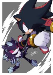  2boys clenched_teeth colored_sclera furry furry_male gloves green_eyes grey_background highres kicking male_focus mephiles_the_dark multiple_boys red_sclera secretter shadow_the_hedgehog signature sonic_(series) teeth the_jet_black_hedgehog:_shadow_the_hedgehog white_gloves 