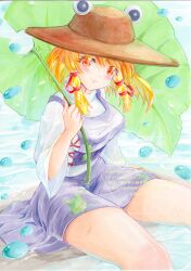  1girl absurdres animal_print blonde_hair blush breasts brown_hat frog_print giant_leaf hair_ribbon hat highres holding holding_leaf large_breasts leaf leaf_umbrella long_hair long_sleeves moriya_suwako purple_skirt purple_vest ribbon short_hair skirt skirt_set smile solo thick_thighs thighs touhou tress_ribbon turtleneck vest wide_sleeves yanaginosita 