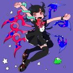 1girl :d \o/ akio_(akio024) arms_up asymmetrical_wings black_dress black_hair black_legwear blush bow dress full_body happy houjuu_nue looking_at_viewer open_mouth outstretched_arms red_eyes smile snake solo star_(symbol) starry_background thigh-highs touhou ufo wings wristband zettai_ryouiki 
