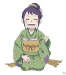  1girl ^_^ ^o^ child closed_eyes hair_bun highres japanese_clothes kimono one_piece patchwork_clothes purple_hair sash seiza sitting solo tama_(one_piece) ufkqz white_background 