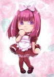  1girl animal_crossing apron blush bow chibi closed_mouth dress eyebrows_visible_through_hair floral_background highres looking_at_viewer maid_apron maid_headdress mary_janes pinafore_dress purple_hair shoes smile solo tachibana_mitsuki villager_(animal_crossing) violet_eyes 