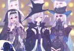  1other 3girls :d arknights ascot black_cape black_coat black_dress black_gloves black_headwear black_nails cape closed_eyes coat covering_mouth cowboy_shot doctor_(arknights) dress eyebrows_visible_through_hair gladiia_(arknights) gloves glowstick habit highres jewelry multiple_girls nun open_mouth pointy_ears red_eyes skadi_(arknights) smile specter_(arknights) tsume3mai uma_pyoi_densetsu umamusume white_ascot 