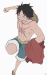  1boy ^_^ ^o^ black_hair clenched_hand closed_eyes hat hat_removed headwear_removed highres holding holding_clothes holding_shirt male_focus monkey_d._luffy one_piece scar scar_on_chest shirt shorts smile solo straw_hat topless_male ufkqz white_background 