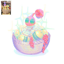  aqua_eyes basket circle_skirt colored_skin dress easter_egg egg flower frilled_dress frills heart heart_print highres long_dress looking_at_viewer no_humans no_mouth photo_inset pikmin_(creature) pikmin_(series) pink_flower pink_skin reference_inset shadow simple_background sitting solid_circle_eyes solo sparkle white_background white_dress winged_pikmin wisteria yu_pikmin 