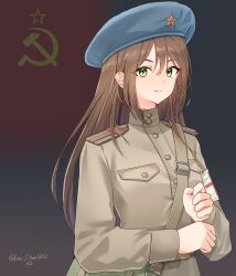  1girl absurdres artist_name bag blue_hat brown_hair brown_jacket closed_mouth combat_medic commentary cross flag_background green_eyes hammer_and_sickle hat highres jacket leochan1202 long_hair long_sleeves looking_at_viewer military military_uniform original red_cross red_cross_armband red_star satchel shoulder_boards smile solo soviet_army soviet_flag star_(symbol) upper_body world_war_ii 