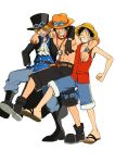  3boys ^_^ ^o^ arm_over_shoulder ascot black_hair blonde_hair brothers closed_eyes coat gloves grin hat highres keppon male_focus monkey_d._luffy multiple_boys one_piece portgas_d._ace sabo_(one_piece) shorts siblings sleeveless smile standing standing_on_one_leg topless_male white_background 
