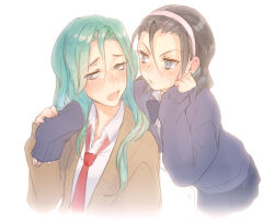  2girls :o aqua_hair arm_around_shoulder averting_eyes black_hair blue_bow blue_bowtie blue_cardigan blue_eyes blue_skirt blush border bow bowtie brown_cardigan cardigan chair collared_shirt curtained_hair earrings fading_border genderswap genderswap_(mtf) hair_over_shoulder hair_pulled_back hairband hand_on_another's_arm head_on_hand jewelry leaning_forward leaning_on_person long_hair long_sleeves looking_at_another looking_to_the_side loose_hair_strand makishima_yuusuke medium_hair miniskirt mkprbot multicolored_hair multiple_girls necktie nose_blush on_chair open_mouth partially_unbuttoned pink_hairband pleated_skirt raised_inner_eyebrows red_necktie school_uniform shirt simple_background sitting skirt sleeves_past_wrists streaked_hair stud_earrings toudou_jinpachi upper_body v-shaped_eyebrows white_background white_shirt yowamushi_pedal 