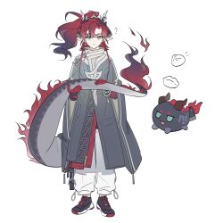  1boy ? absurdres arknights beads black_hair black_shoes chinese_commentary coat colored_extremities commentary_request dragon_boy dragon_bubble_(arknights) dragon_horns dragon_tail floating_hair full_body fuuuuuy gradient_eyes green_eyes grey_coat hair_between_eyes hair_intakes highres holding_own_tail horns looking_at_viewer male_focus multicolored_eyes multicolored_hair pants parted_lips pointy_ears ponytail red_eyes red_hair shoes simple_background sneakers solo standing streaked_hair tail two-tone_eyes white_background white_pants wide_sleeves yu_(arknights) 