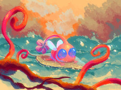  absurdres blue_eyes branch clouds colored_skin creature creature_focus flower highres insect_wings looking_ahead lying no_humans on_leaf on_stomach orange_sky outdoors pikmin_(creature) pikmin_(series) pikmin_3 pink_flower pink_skin river sky solid_circle_eyes sunset surfing tree waves winged_pikmin wings yu_pikmin 