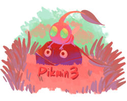  aqua_eyes black_eyes black_skin border clouds colored_skin copyright_name creature creature_focus day grass green_sky highres insect_wings leaf looking_ahead lying lying_on_person no_humans no_mouth on_stomach outdoors outside_border partially_buried pikmin_(creature) pikmin_(series) pikmin_3 pink_skin rock rock_pikmin sky solid_circle_eyes white_border winged_pikmin wings yu_pikmin 