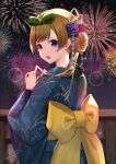  1girl blue_kimono bow brown_hair commentary_request fireworks flower gakuon_(gakuto) green_bow hair_bow hair_bun hair_flower hair_ornament japanese_clothes kimono long_sleeves looking_at_viewer looking_back medium_hair nape night night_sky open_mouth original outdoors purple_flower red_flower sash sky solo upper_body violet_eyes wide_sleeves yellow_bow yellow_sash yukata 