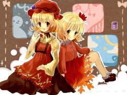  2girls :d aki_minoriko aki_shizuha apron black_dress blonde_hair blush brown_background brown_eyes collar commentary_request dress grape_hat_ornament hair_ornament hat holding holding_leaf juliet_sleeves leaf leaf_hair_ornament leaf_skirt long_sleeves medium_hair mob_cap multiple_girls okemai plant postage_stamp puffy_sleeves red_apron red_eyes red_hat red_shirt red_skirt scrapbook shirt short_hair skirt smile touhou vines wheat_print white_collar yellow_shirt 