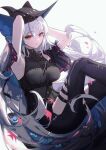  1girl absurdres arknights armpits arms_up bangs black_headwear breasts eyebrows_visible_through_hair hat highres large_breasts leria_v long_hair looking_at_viewer red_eyes sitting skadi_(arknights) solo thighs white_background white_hair 