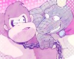  2boys brooch cape crown donkey_kong donkey_kong_(series) furry furry_male jewelry king_k._rool minashirazu multiple_boys muscular muscular_male necktie no_humans one_eye_closed parted_lips polka_dot reptile reptile_boy sweat 